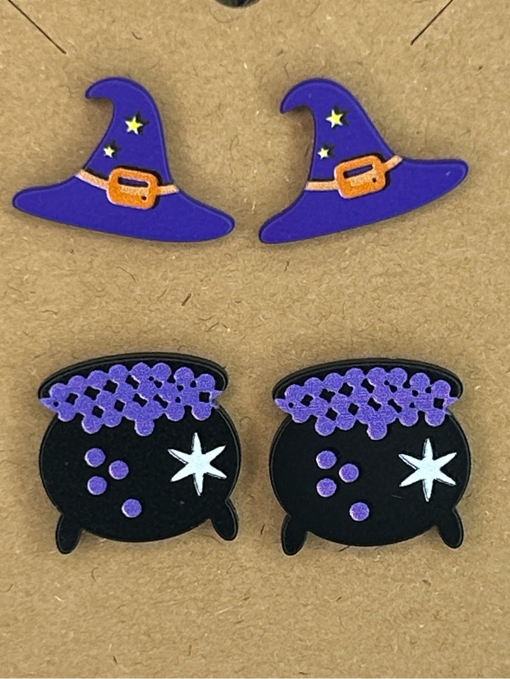 Purple Witch Hat & Cauldron Earring Set - Halloween Accessory Fashion Jewelry